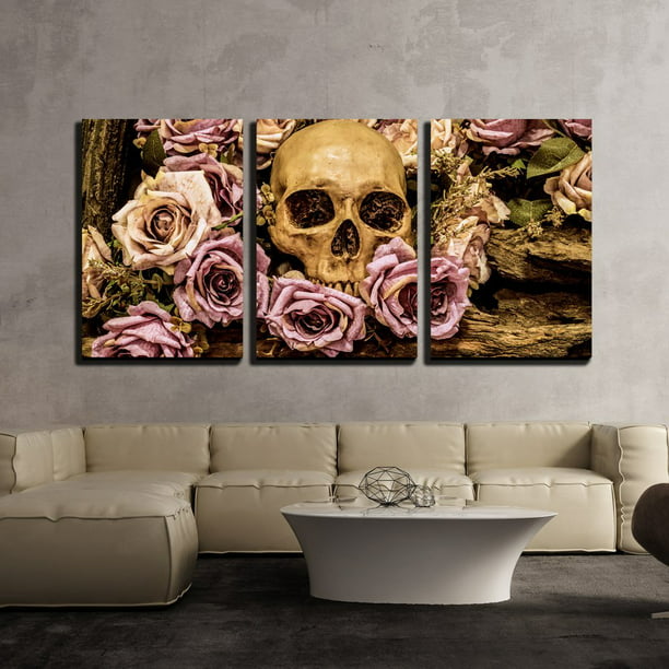 Canvas Human Skull with Roses Flowers over Colorful Splattered Paint 32x48